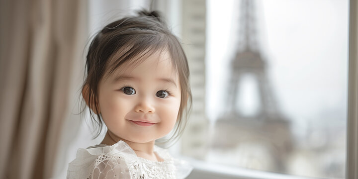 Banner with little cute asian baby girl in Paris and copy space.