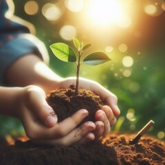 Hands holding and planting a seedling into the earth. Concept of planting, forestation and ecology. Generative ai