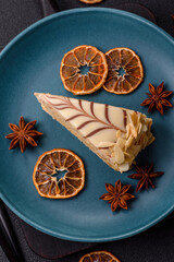 Piece of delicious sweet esterhazy cake with nuts and cream
