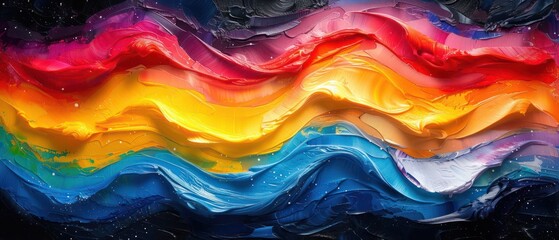 Vivid abstract painting with colorful wavy lines and splashes