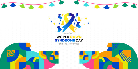 World Down Syndrome Day banner in modern geometric style. Banners Down Syndrome Day for social media and more with typography. Vector illustration for banners, posters, invitations, greetings and more