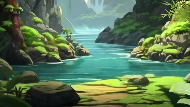 Beautiful jungle forest with trees and cave. Cartoon or Japanese anime illustration painting style. seamless looping 4K virtual video animation background