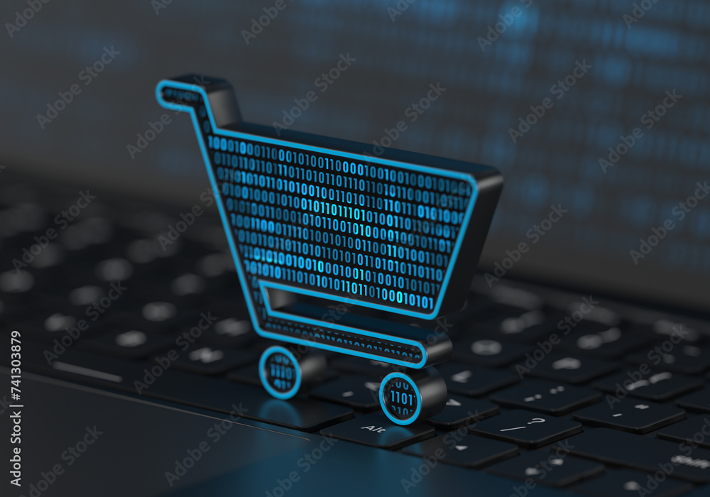 Poster a digital shopping cart placed on a laptop keyboard in semi-side view with soft depth of field. real
