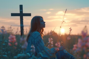 Contemplative young woman by the cross at sunset in a wildflower field