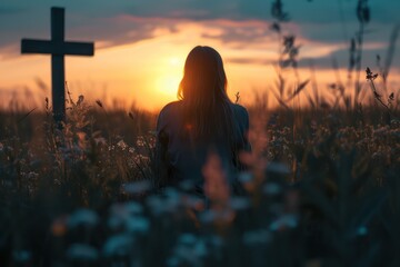 Contemplative young woman by the cross at sunset in a wildflower field - obrazy, fototapety, plakaty