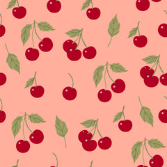 Simple seamless pattern with red cherries on a beige background. Vector graphics.