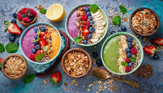 colorful smoothie bowls and granola