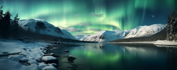 the natural phenomenon of the northern lights in the north in winter in the mountains - obrazy, fototapety, plakaty