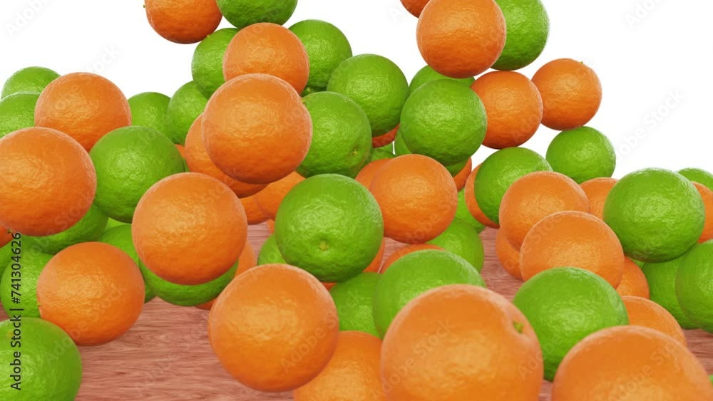 Aufkleber realistic 3d animation of the fresh ripe limes and small tangerines falling to the wooden table rend