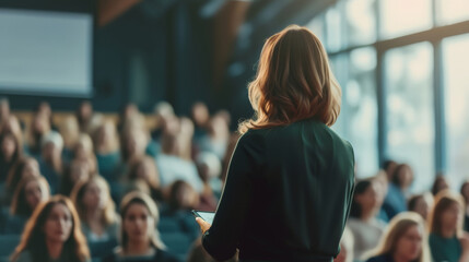 Woman, conference or speaker sharing information at a business seminar for information and coaching. Confident, female or back view of coach speaking to audience at a convention or corporate event