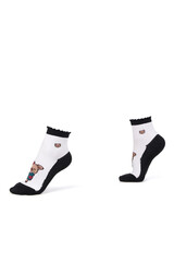 Close-up shot of a pair of transparent mesh socks with embroidered teddy-bears, black toes, bottoms and ruffle trim. Thin socks are isolated on a white background. Side view.