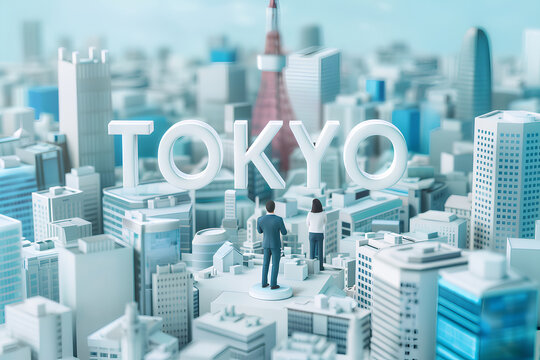 大きな「TOKYO」の文字を見上げているビジネスパーソン（3D）