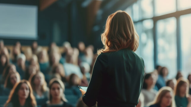 Woman, conference or speaker sharing information at a business seminar for information and coaching. Confident, female or back view of coach speaking to audience at a convention or corporate event