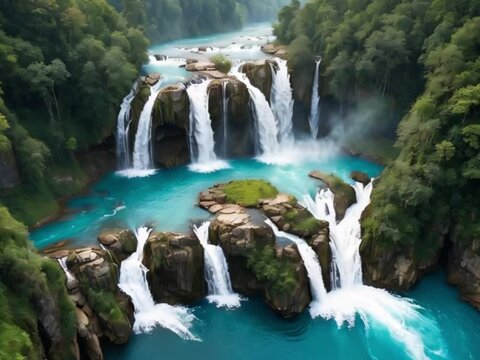 Aerial overhead viwe of beautiful waterfall.