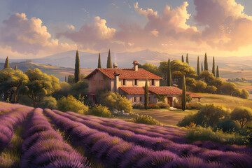 lavender field and old house, Mediterranean landscape