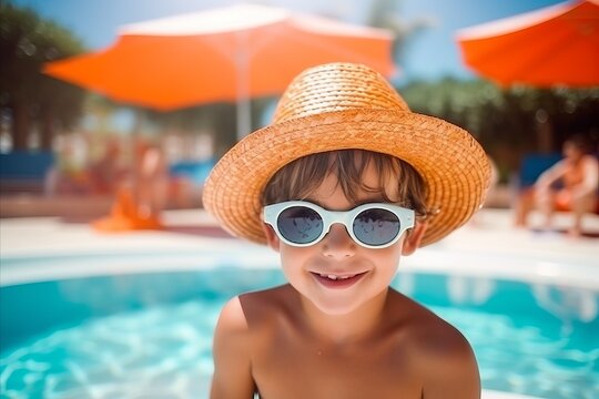 Portrait of a cute little boy wearing hat and sunglasses at swimming pool