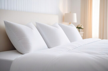 Clean bed. Light bedroom. Modern apartment interior. White sheet, soft pillow, blanket and bedside table. Home, hotel stylish design. Comfortable grey bedding set closeup. Spa resort ad. Rent business
