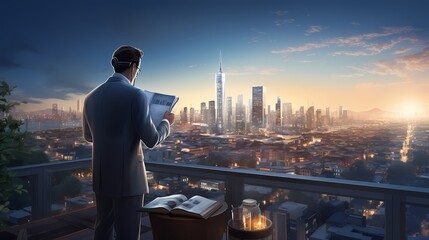 Fototapeta na wymiar A stockbroker conducting market research on a tablet device while enjoying a panoramic view of a bustling cityscape from a rooftop terrace.