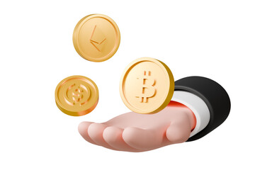 Hand holding gold coin or Hand holding Digital coin cryptocurrency icon. Hand holding bitcoin icon. Digital cryptocurrency exchange concept. isolated on white background. 3d render illustration.