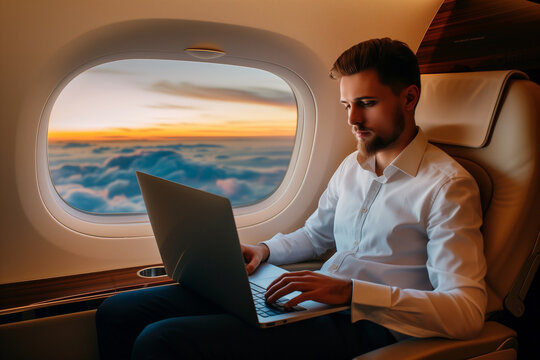 young businessman with a laptop in a superjet