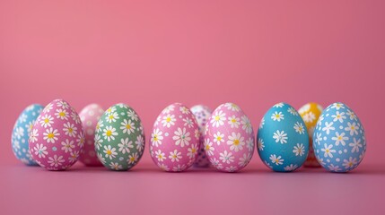 Fototapeta na wymiar A grouping of well placed eggs featuring floral designs. Easter Background with Multiple Colors.
