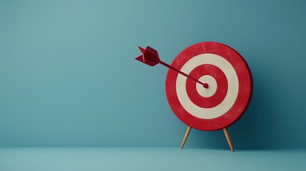 On a blue background, a creative drawing of a red, spherical target with a thin arrow represents the idea of carefully defining goals. - obrazy, fototapety, plakaty
