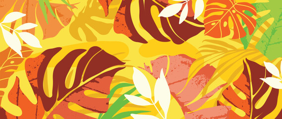 Summer tropical jungle yellow background vector. Colorful botanical with exotic plant, flowers, palm leaves, grunge texture. Happy summertime illustration for poster, cover, banner, prints.
