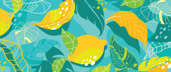 Summer tropical jungle green background vector. Colorful botanical with exotic plant, flowers, palm leaves, fruit, lemon. Happy summertime illustration for poster, cover, banner, prints. - 741306631