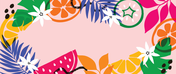 Summer tropical jungle pink background vector. Colorful botanical with exotic plant, flowers, palm leaves, fruit, watermelon. Happy summertime illustration for poster, cover, banner, prints. - 741306635