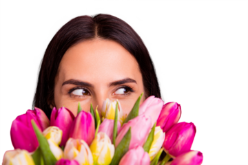 Close-up cropped portrait of her she nice cute attractive lovely charming cheerful cheery brunette latin lady hiding behind colorful flowers florist looking aside isolated on pink pastel background