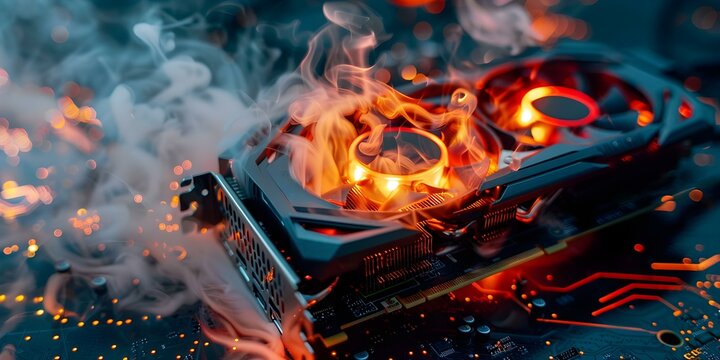 Graphics Card Overheating: Smoke Emission and Potential Damage in Computer Hardware. Concept Computer Hardware, Graphics Card Overheating, Smoke Emission, Potential Damage, Troubleshooting