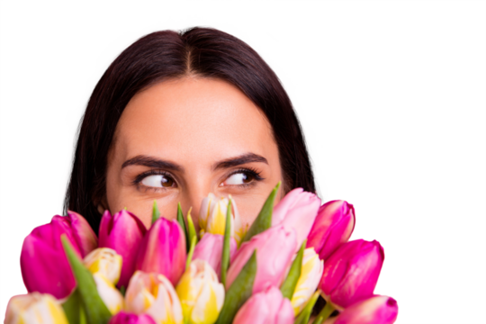 Close-up cropped portrait of her she nice cute attractive lovely charming cheerful cheery brunette latin lady hiding behind colorful flowers florist looking aside isolated on pink pastel background