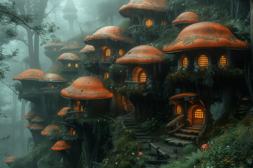 fantasy village, tiny elf houses in the forest - obrazy, fototapety, plakaty