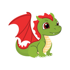 Cute smiling green and red dragon cub isolated on a white background. Children's funny vector illustration of a baby dinosaur. Cartoon style