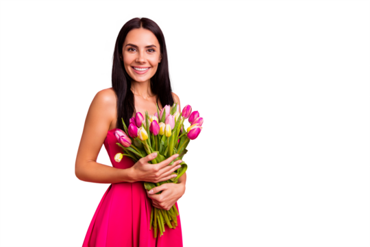 Portrait of her she nice cute attractive lovely pretty adorable fascinating charming cheerful glad positive brunette lady holding in hands colorful flowers florist isolated on pink pastel background