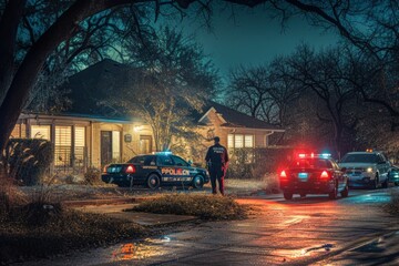 A realistic photo capturing the scene of police officers arriving at a house, with their cars parked in front.