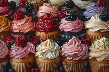 Gourmet Cupcake Assortment with Vibrant Frosting, Berries, Reflective Surface, Decadent Treat Display.