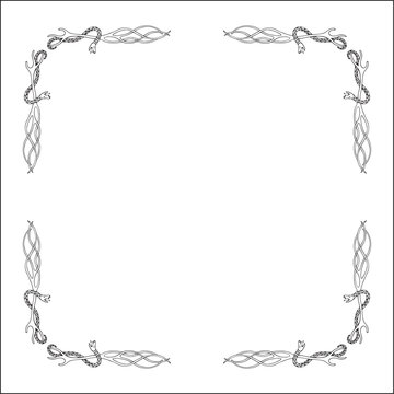 Elegant black and white frame with Scandinavian ornament, decorative border, corners for greeting cards, banners, business cards, invitations, menus. Isolated vector illustration.	