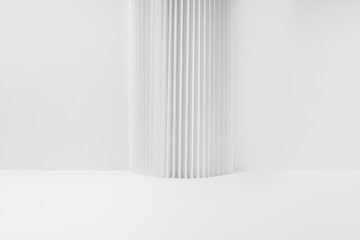 Abstract white empty stage with striped column as geometric decor, mockup on white background, copy space. Template for presentation cosmetic products, gifts, advertising, design in modern style.