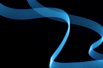 Blue glow neon curved wave of light as curls with dotted stripes on black background, pattern. Abstract background with flowing line in motion, light painting in vapor wave style.