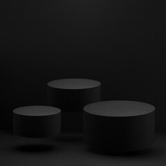 Two inclined black round podiums levitate, mockup on black background, shadow, square. Template for presentation cosmetic products, gifts, goods, advertising, design, display, showing in modern style.