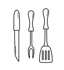 Kitchen utensils a barbecue spatula and fork, a knife. Vector doodle illustration of cooking food.
