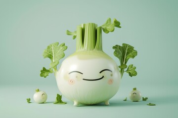 Cute kohlrabi baby with face 3d cartoon character, isolated on solid light color background, copy space