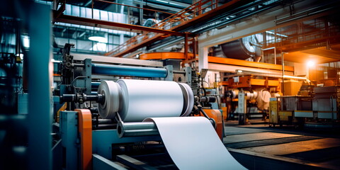 paper being produced in a mill with machines converting pulp into rolls. Generative AI