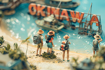 Fototapeta premium 大きな「OKINAWA」の文字と観光客の女性3人（3D）