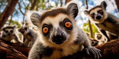 Fototapeta premium beautiful lemurs playing in the branches of Madagascar forests. Generative AI