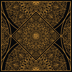 Abstract, Esoteric, Elegant, Playful, Black And Gold Color Mandala Batik Seamless And Pattern Background Design Ilustration]