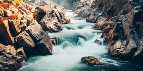 fast-flowing river cutting through a rocky gorge, emphasizing the dynamic forces of nature. Generative AI - Powered by Adobe
