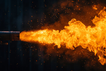 A jet of flame from a flamethrower in a close shot on an isolated black background. A powerful burst of fire - obrazy, fototapety, plakaty