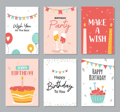 Collection of cute design cards beautiful happy birthday concept with cake design, balloons. Illustration of happy birthday on a gray background with the inscription birthday party.